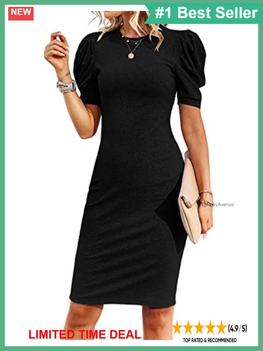 Puff Sleeve Bodycon Business Pencil Dress Knee-Length Stretchy